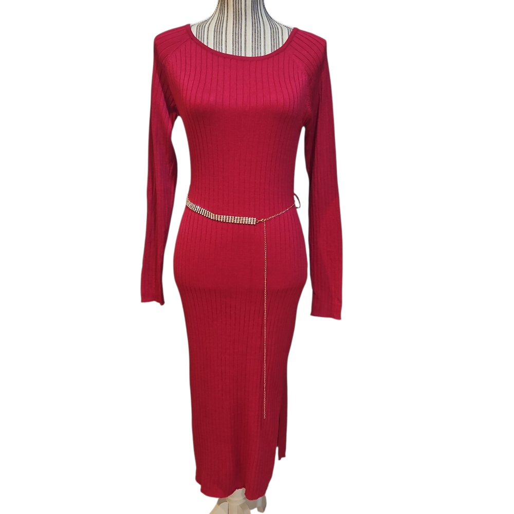 Say What Woman Elegant Burgundy Cable Thight Ribbed Knit Dress XL